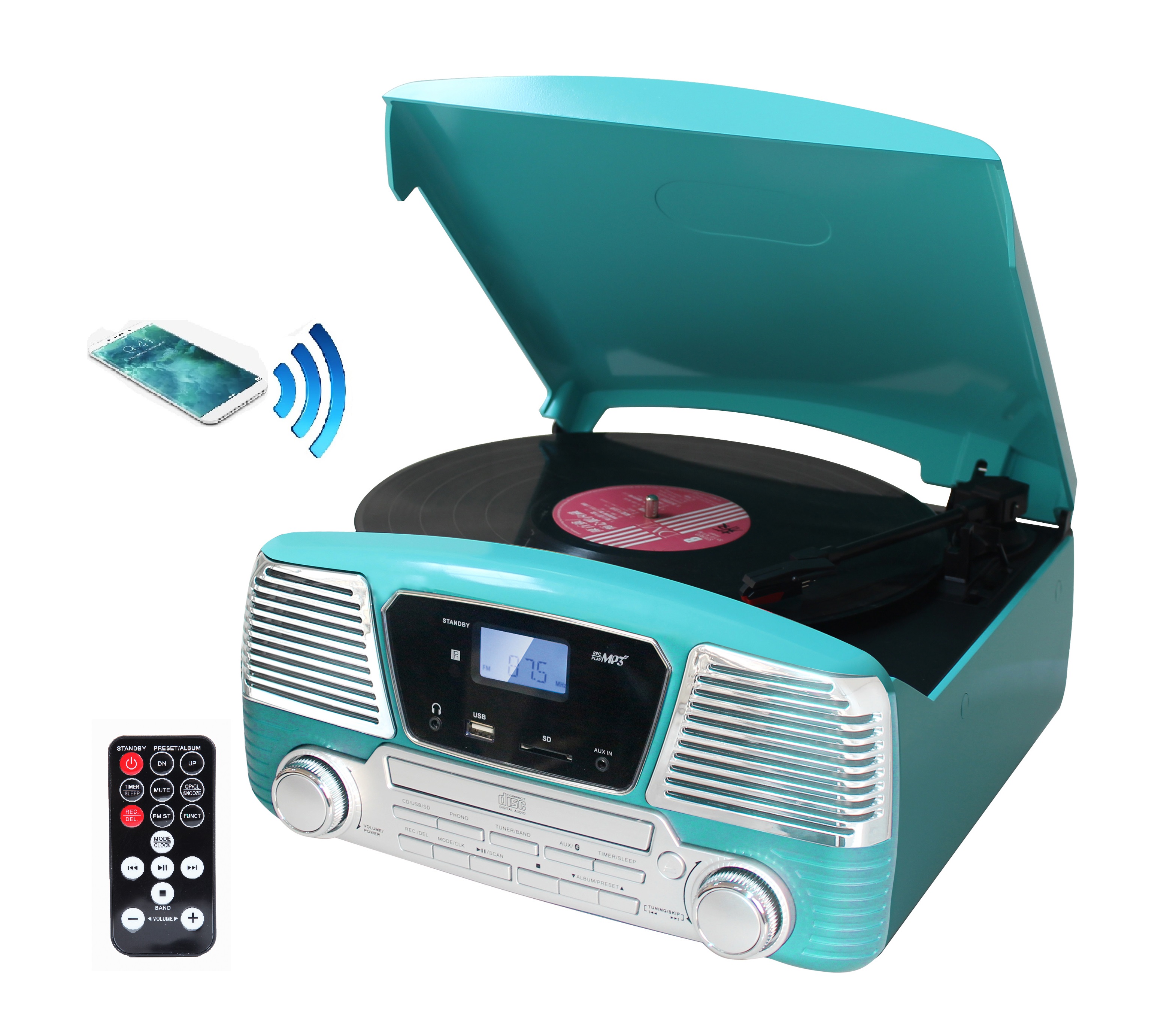 TechPlay ODC35 Bluetooth 3 Speed Turntable with MP3 CD Player US